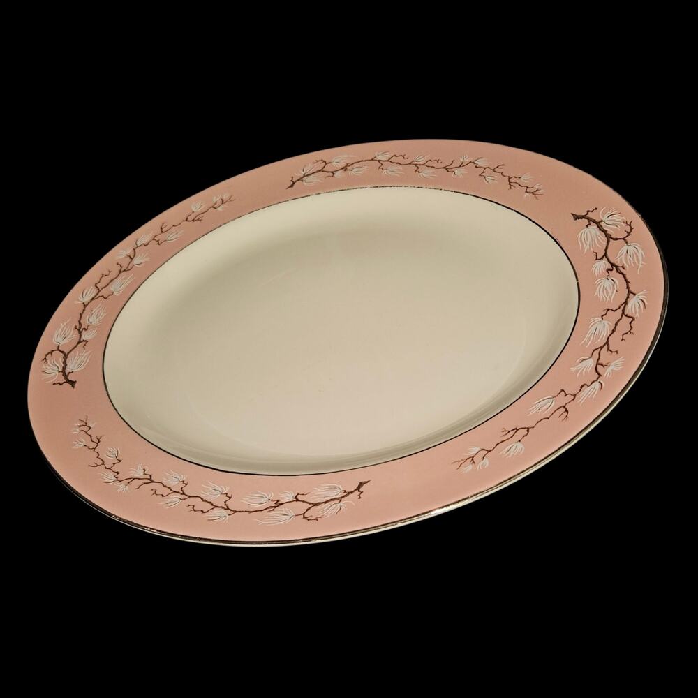 Vintage Pink Floral Oval Serving Platter Silver Trim Magnolia Branch 14"